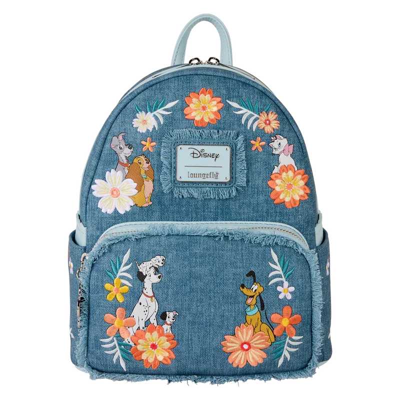 Loungefly Disney Dogs & Cats Floral Faux Denim Fringe Mini Backpack