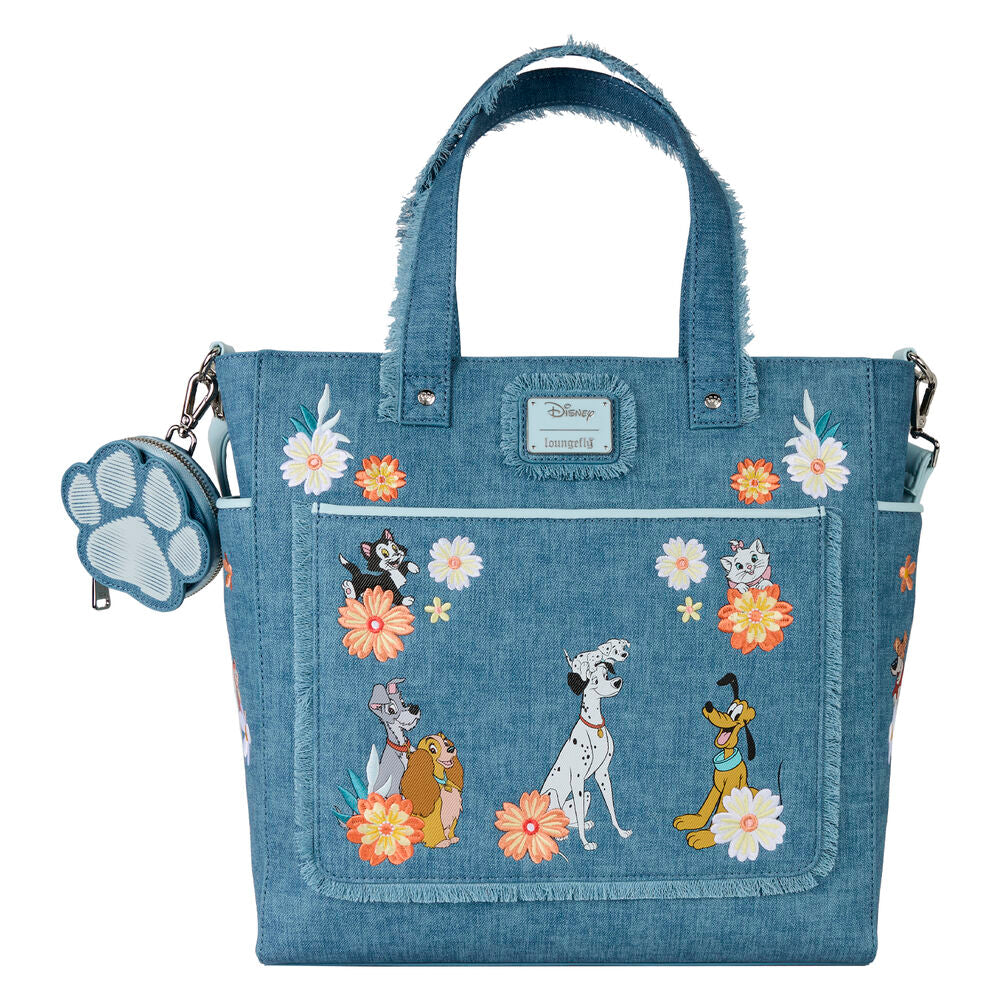 Loungefly Disney Dogs & Cats Floral Faux Denim Convertible Backpack & Tote Bag with Coin Bag - Ginga Toys
