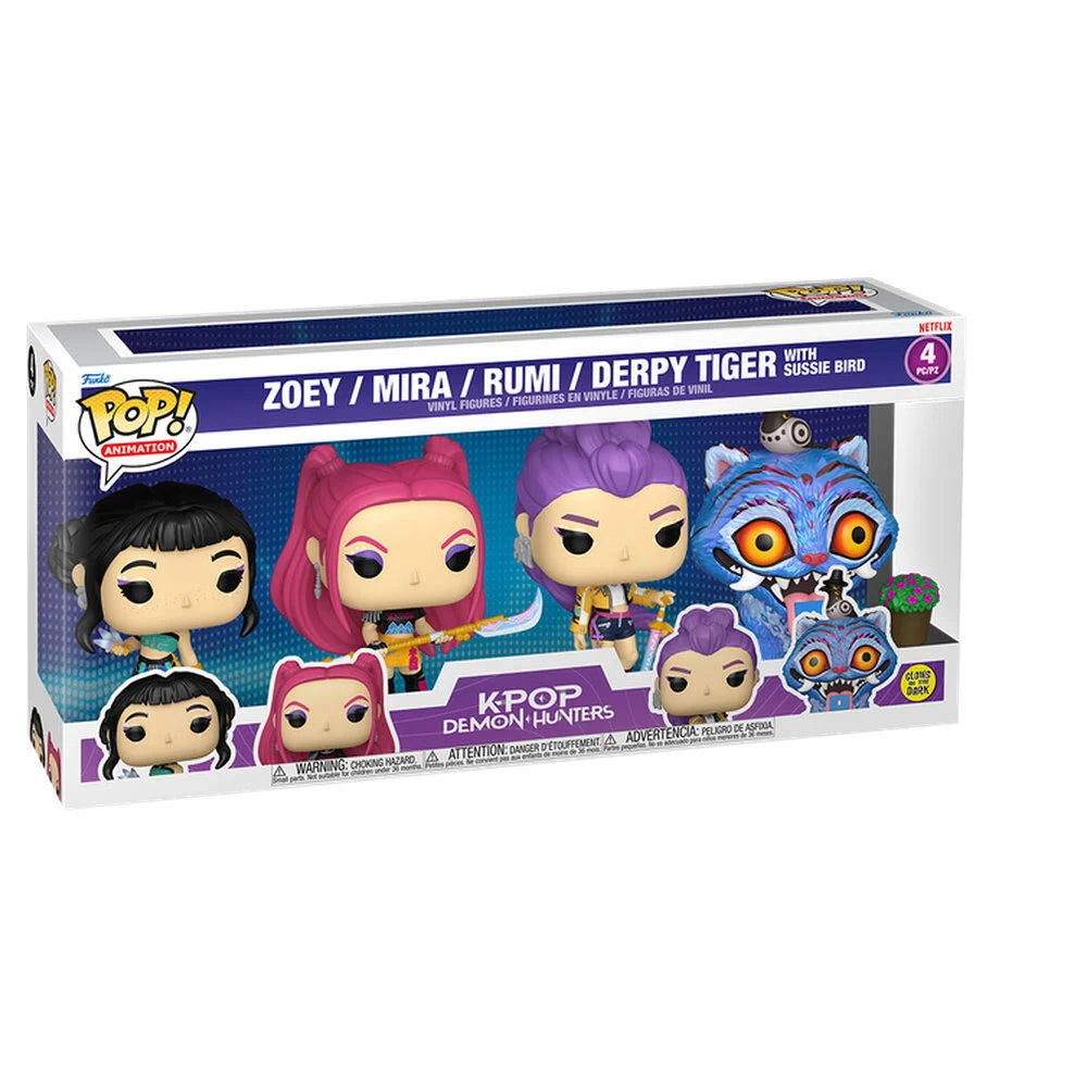 FUNKO POP KPop Demon Hunters HUNTR/X Rumi Mira Zoey and glow-in-the-dark Derpy Tiger 4-Pack - Ginga Toys
