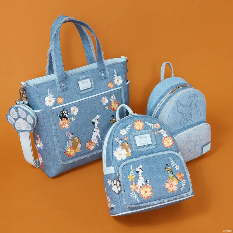 Loungefly Disney Dogs & Cats Floral Faux Denim Fringe Mini Backpack
