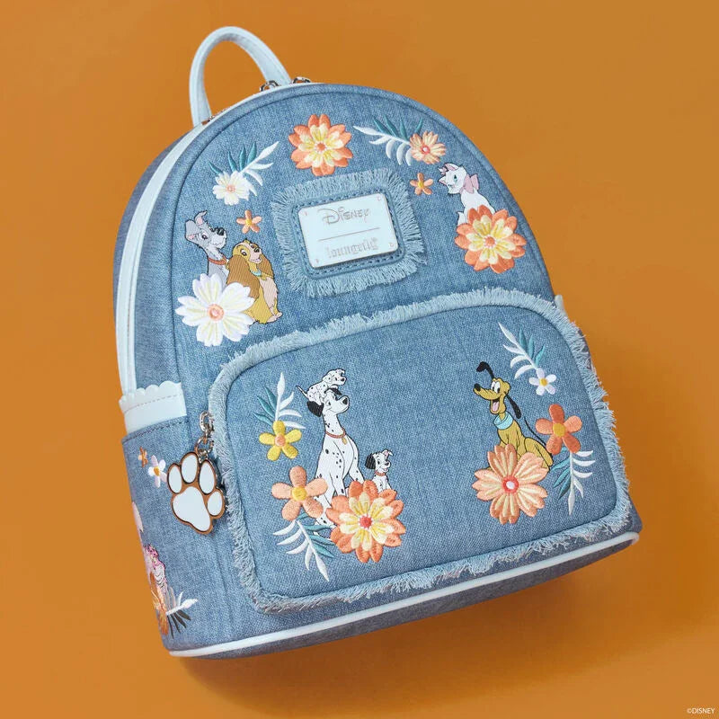 Loungefly Disney Dogs & Cats Floral Faux Denim Fringe Mini Backpack