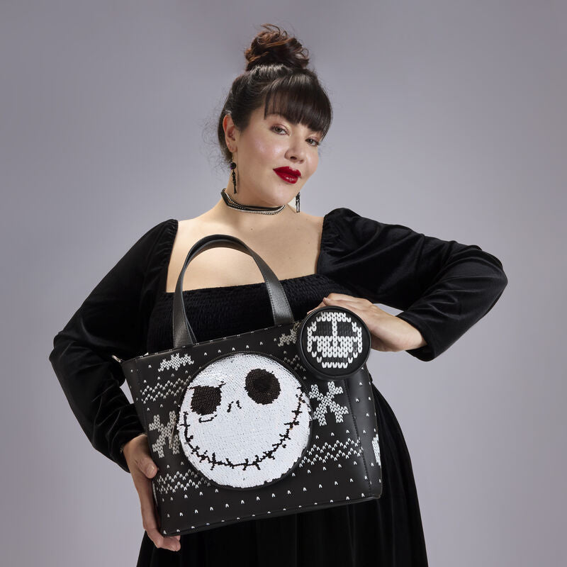 Loungefly Disney The Nightmare Before Christmas Jack Skellington Reversible Sequins Tote Crossbody Bag with Coin Bag - Ginga Toys