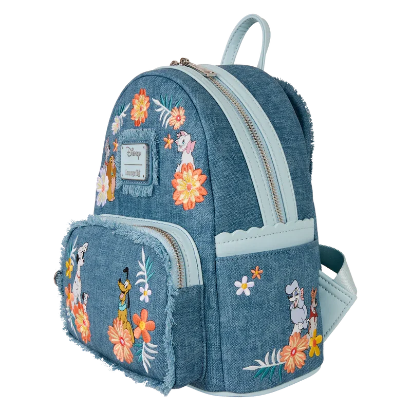 Loungefly Disney Dogs & Cats Floral Faux Denim Fringe Mini Backpack