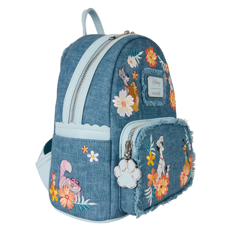 Loungefly Disney Dogs & Cats Floral Faux Denim Fringe Mini Backpack