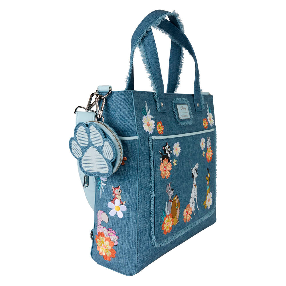 Loungefly Disney Dogs & Cats Floral Faux Denim Convertible Backpack & Tote Bag with Coin Bag - Ginga Toys