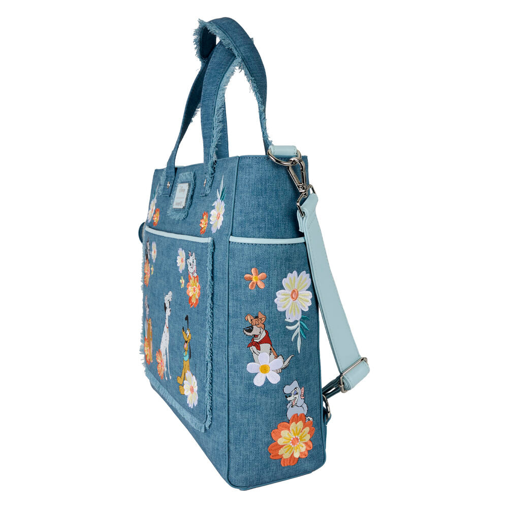 Loungefly Disney Dogs & Cats Floral Faux Denim Convertible Backpack & Tote Bag with Coin Bag - Ginga Toys