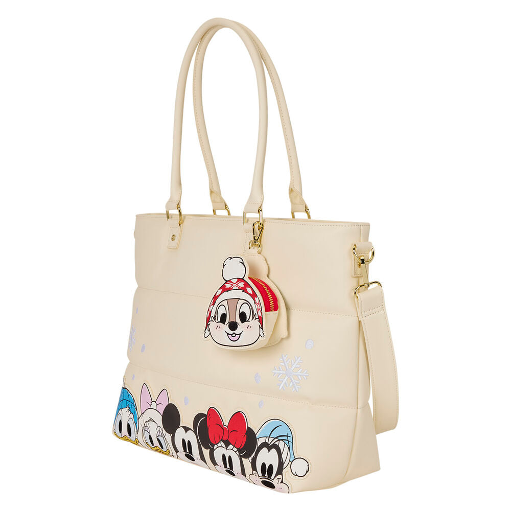 LOUNGEFLY Disney Mickey and Friends Holiday Snow Puff Quilt Tote Bag with detachable Chip and Dale coin bag - Ginga Toys