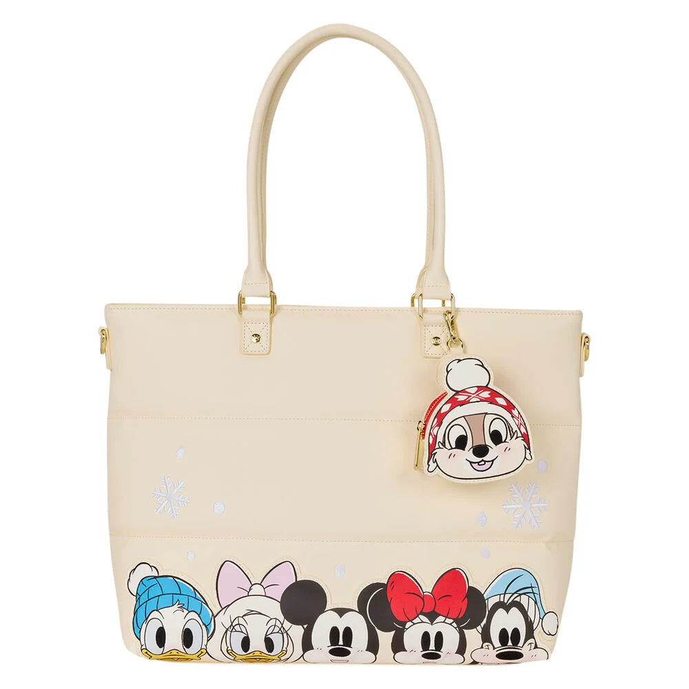 LOUNGEFLY Disney Mickey and Friends Holiday Snow Puff Quilt Tote Bag with detachable Chip and Dale coin bag - Ginga Toys