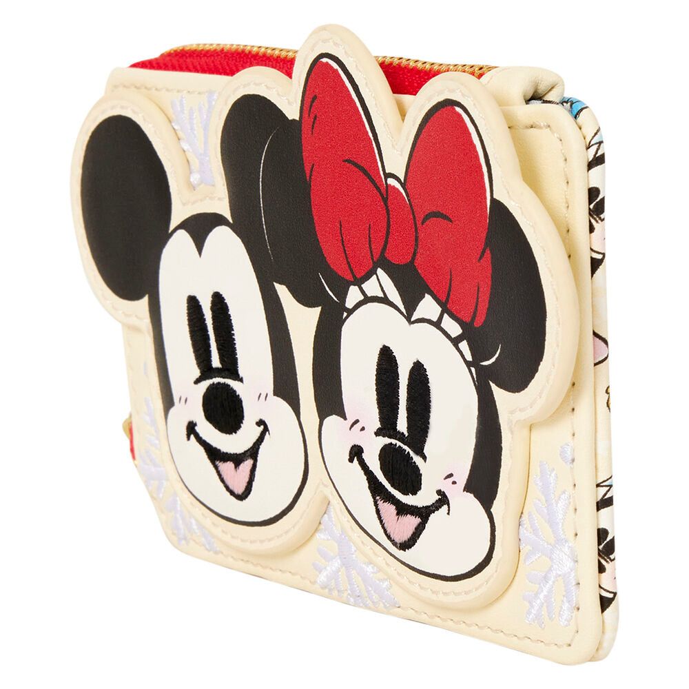 LOUNGEFLY Disney Mickey and Friends Holiday Snow zip around card holder featuring Mickey and Minnie Mouse - Ginga Toys